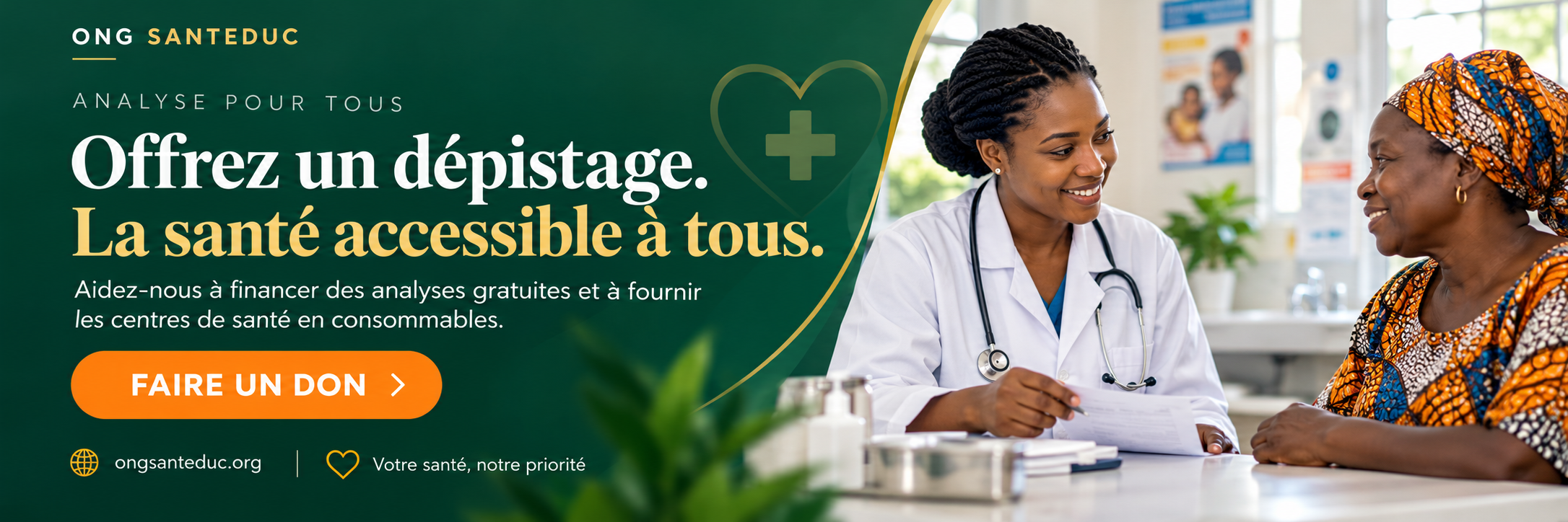 Offrez un dépistage. La santé accessible à tous. Aidez SANTEDUC à financer des analyses gratuites et les consommables des centres de santé. Faire un don.